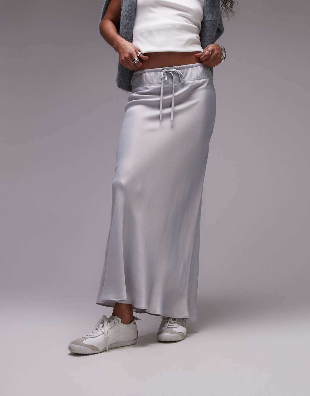 Topshop Bias Cut Midaxi Skirt with drawstring waist panel in silver Product Image