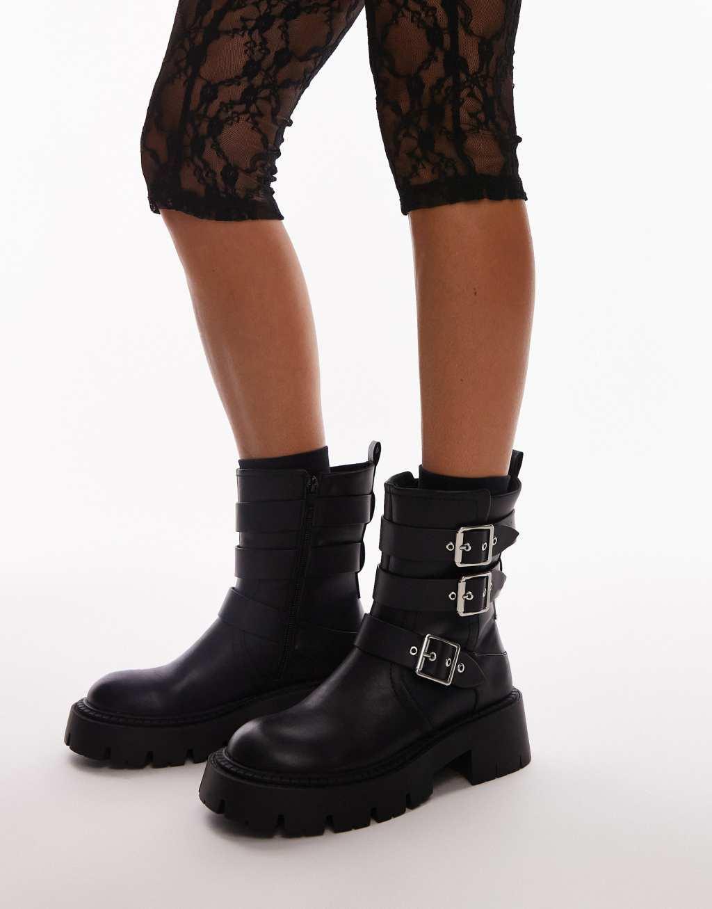 Topshop Wide Fit Luke chunky biker boots with buckle detail in black Product Image