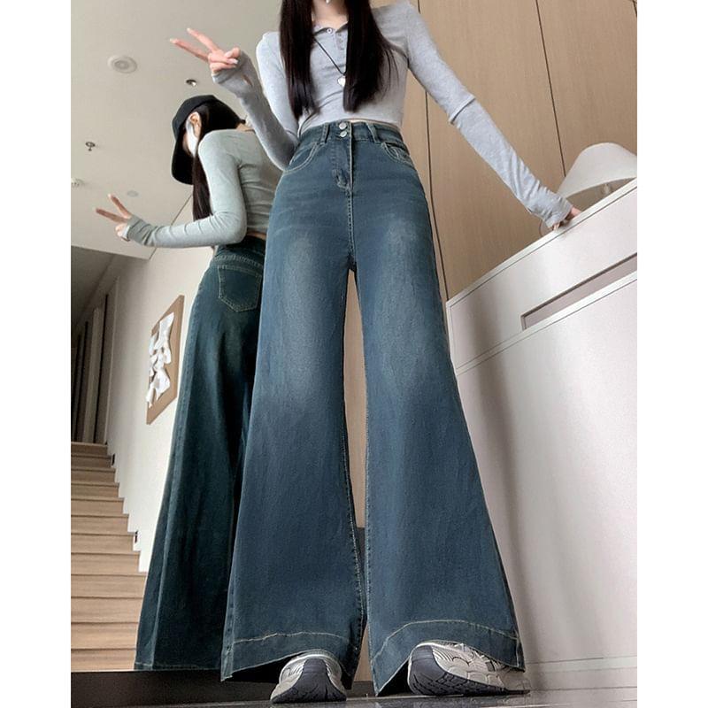 High Waist Washed Wide Leg Jeans Product Image