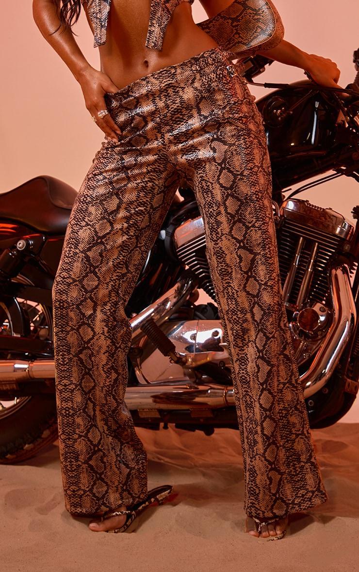 Brown Snake Print Faux Leather Belt Detail Trousers Product Image