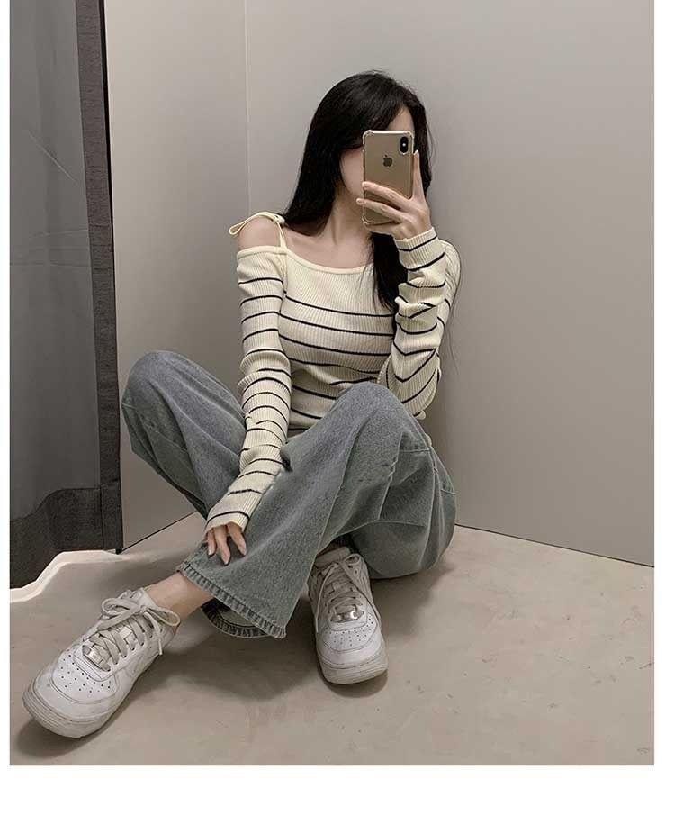 Cold-Shoulder Striped Ribbed Sweater Product Image