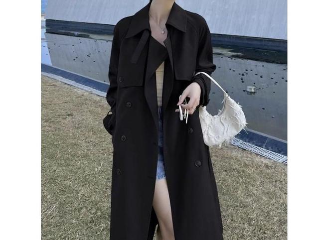 Collar Plain Midi Double-Breasted Trench Coat Product Image