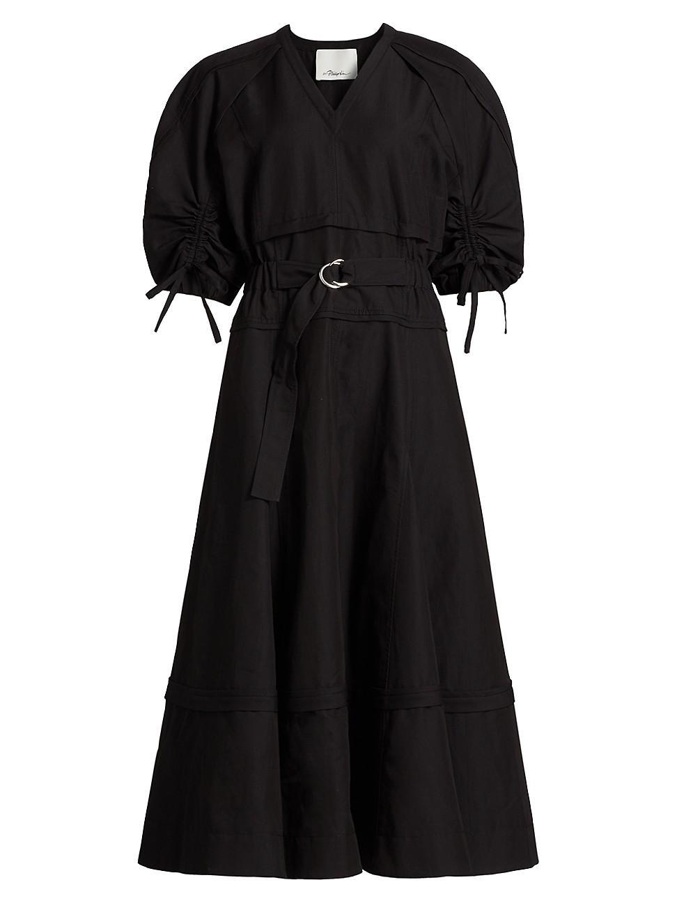 Womens Cotton Blend V-Neck Belted Midi-Dress Product Image