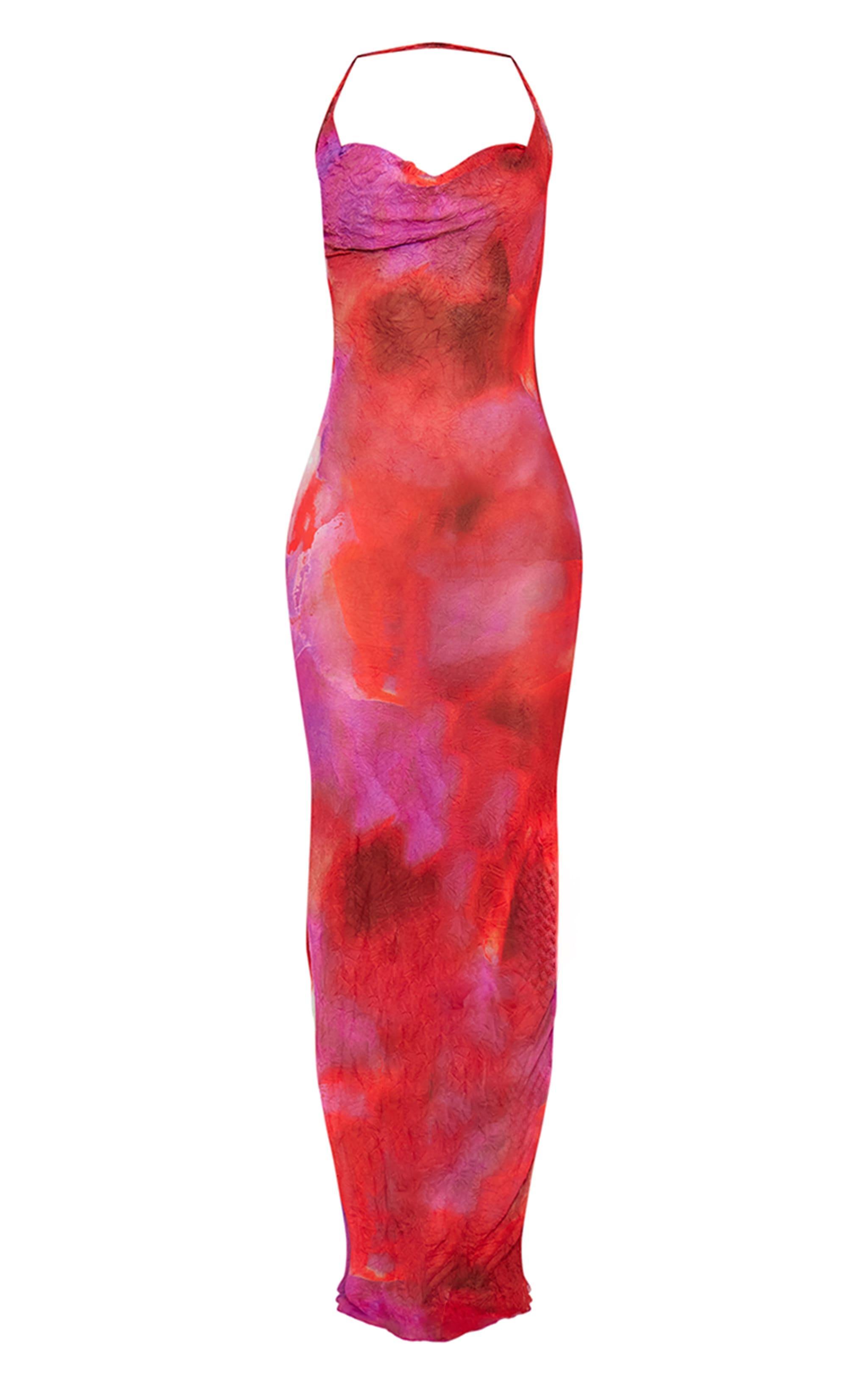 Pink Abstract Print Crinkle Mesh Cowl Neck Maxi Dress Product Image