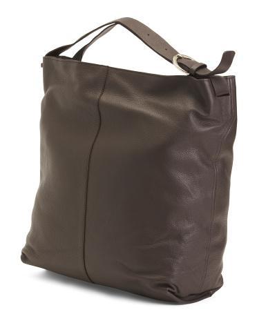 Leather Large Top Zip Bucket Bag With Buckled Strap for Women Product Image