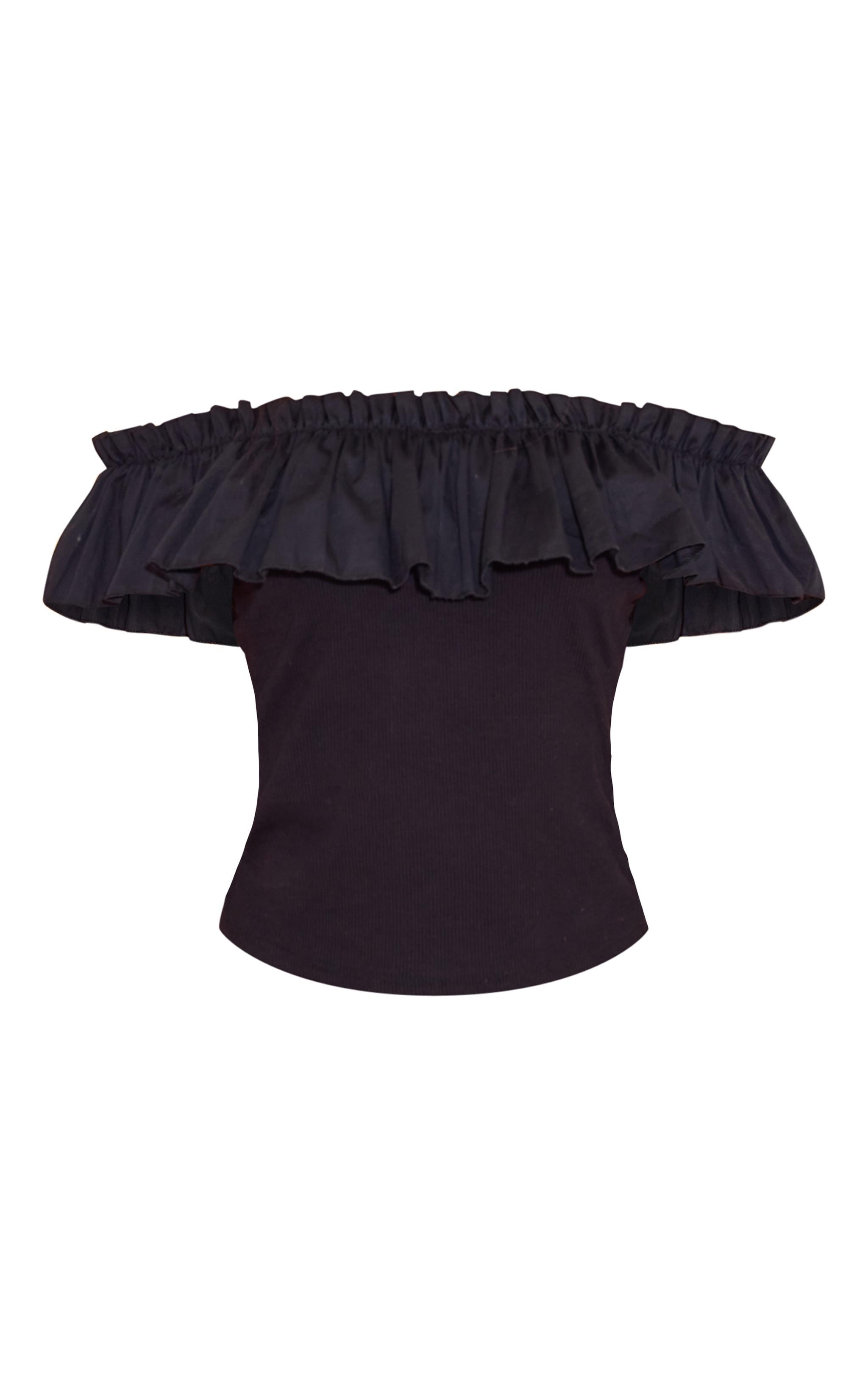 Black Rib Ruffle Bardot Long Top Product Image