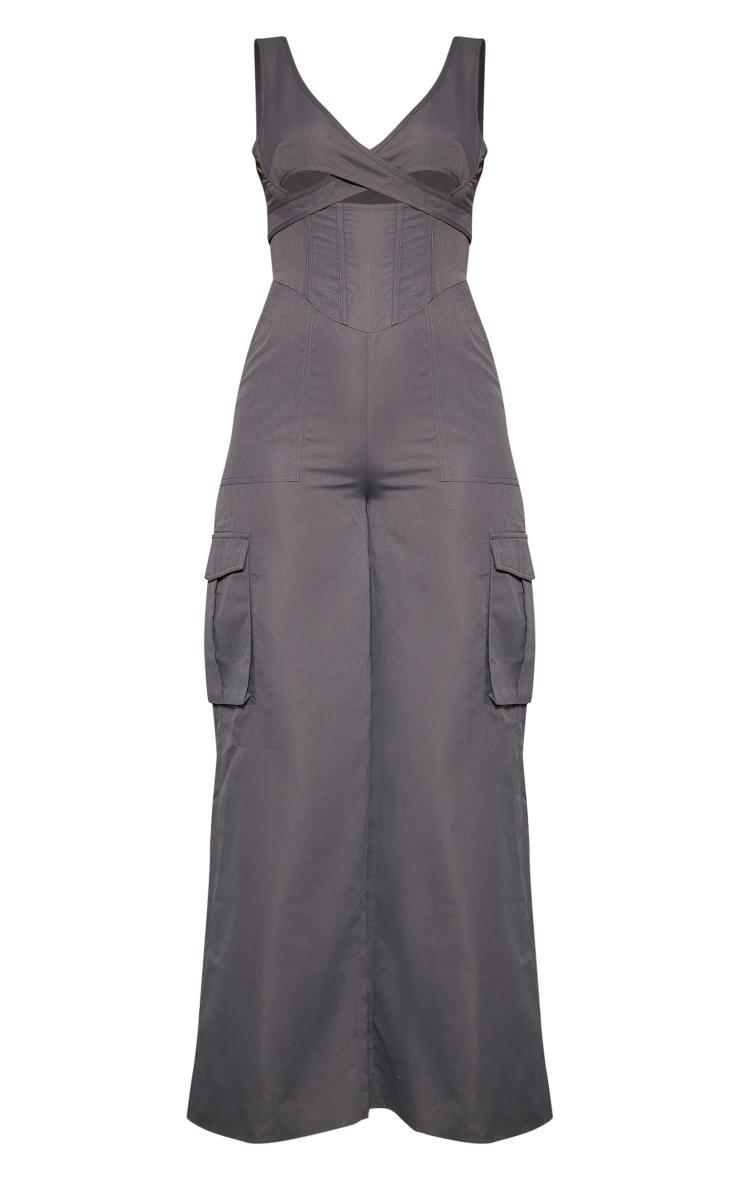 Charcoal Cross Chest Corset Detail Lightweight Cargo Jumpsuit Product Image