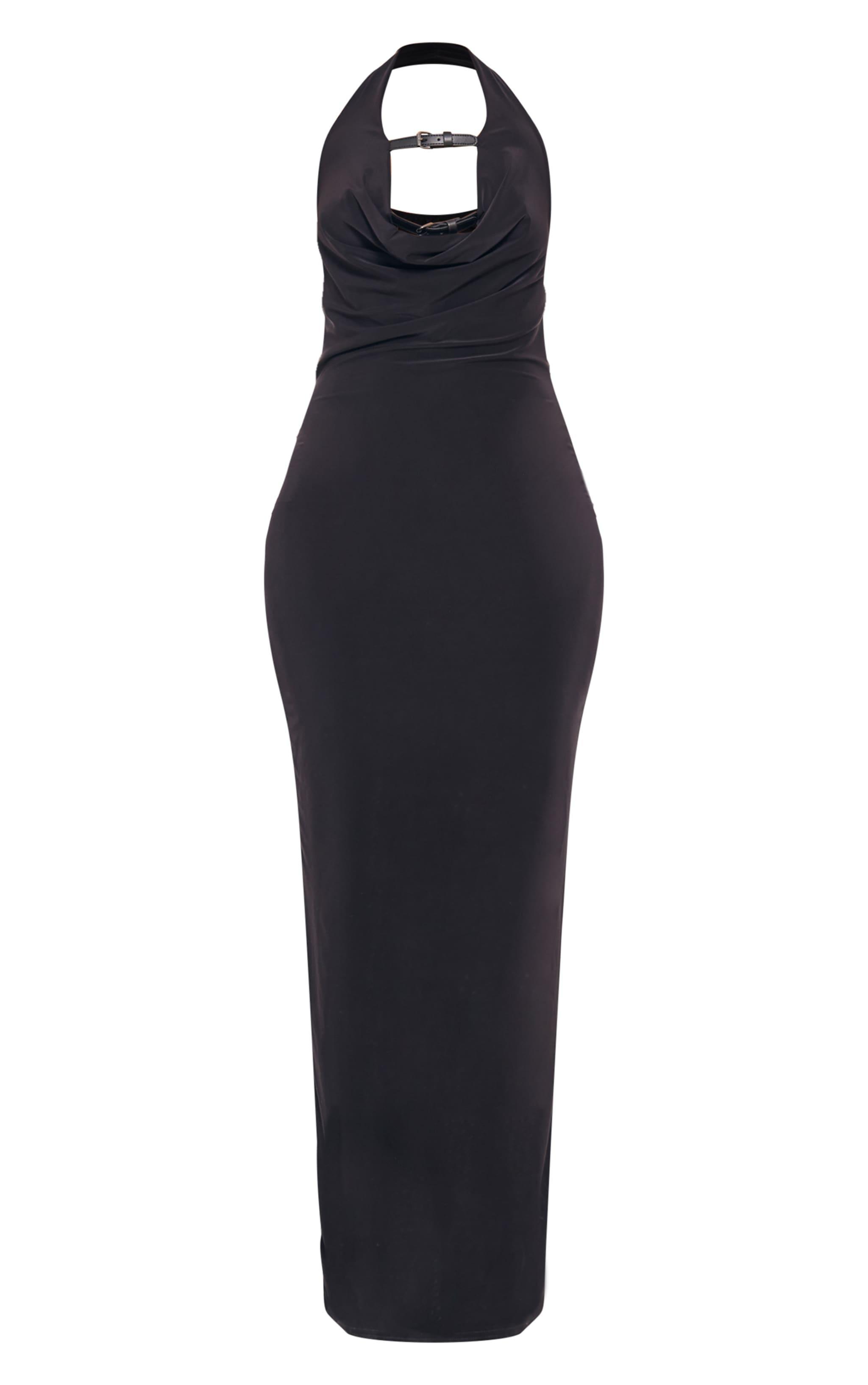 Tall Black Slinky Belt Tie Halterneck Maxi Dress Product Image