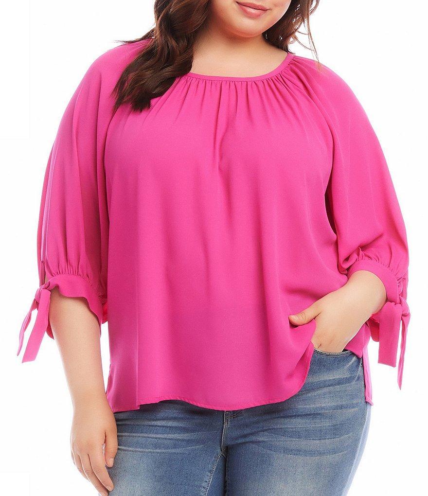 Karen Kane Plus Size Solid Scoop Neck Blouson Tie Cuffs 3/4 Sleeve Peasant Top Product Image