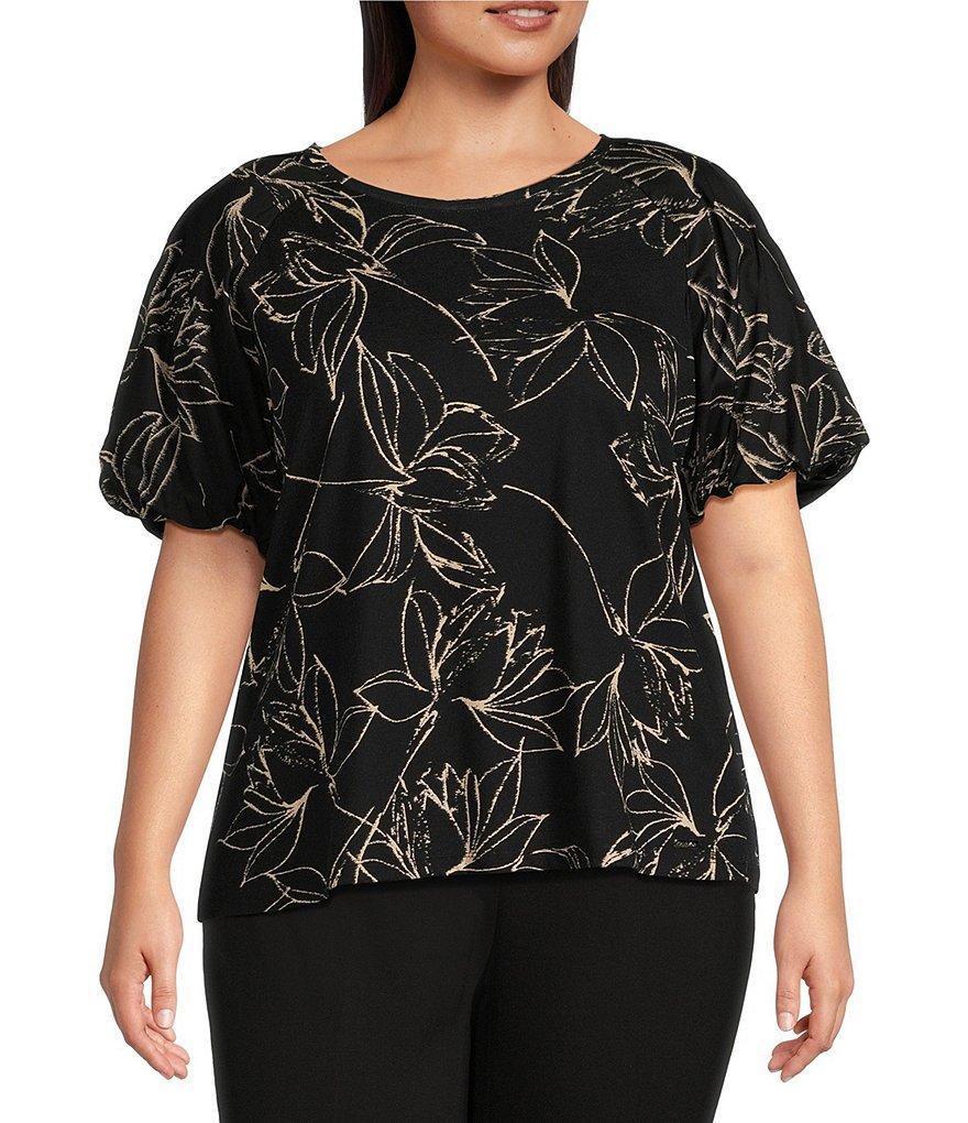 Calvin Klein Plus Size Floral Print Knit Jersey Crew Neck Poplin-Puff Sleeve Top Product Image