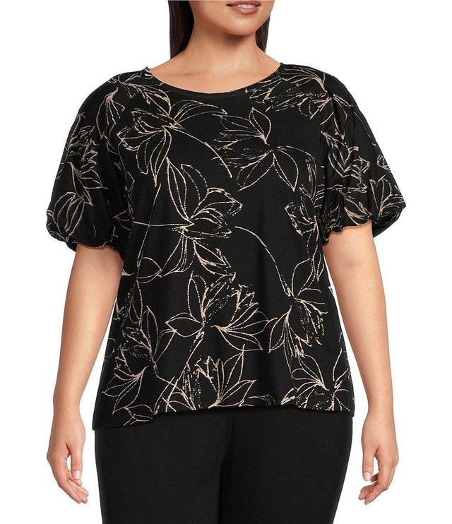 Calvin Klein Plus Size Floral Print Knit Jersey Crew Neck Poplin-Puff Sleeve Top Product Image