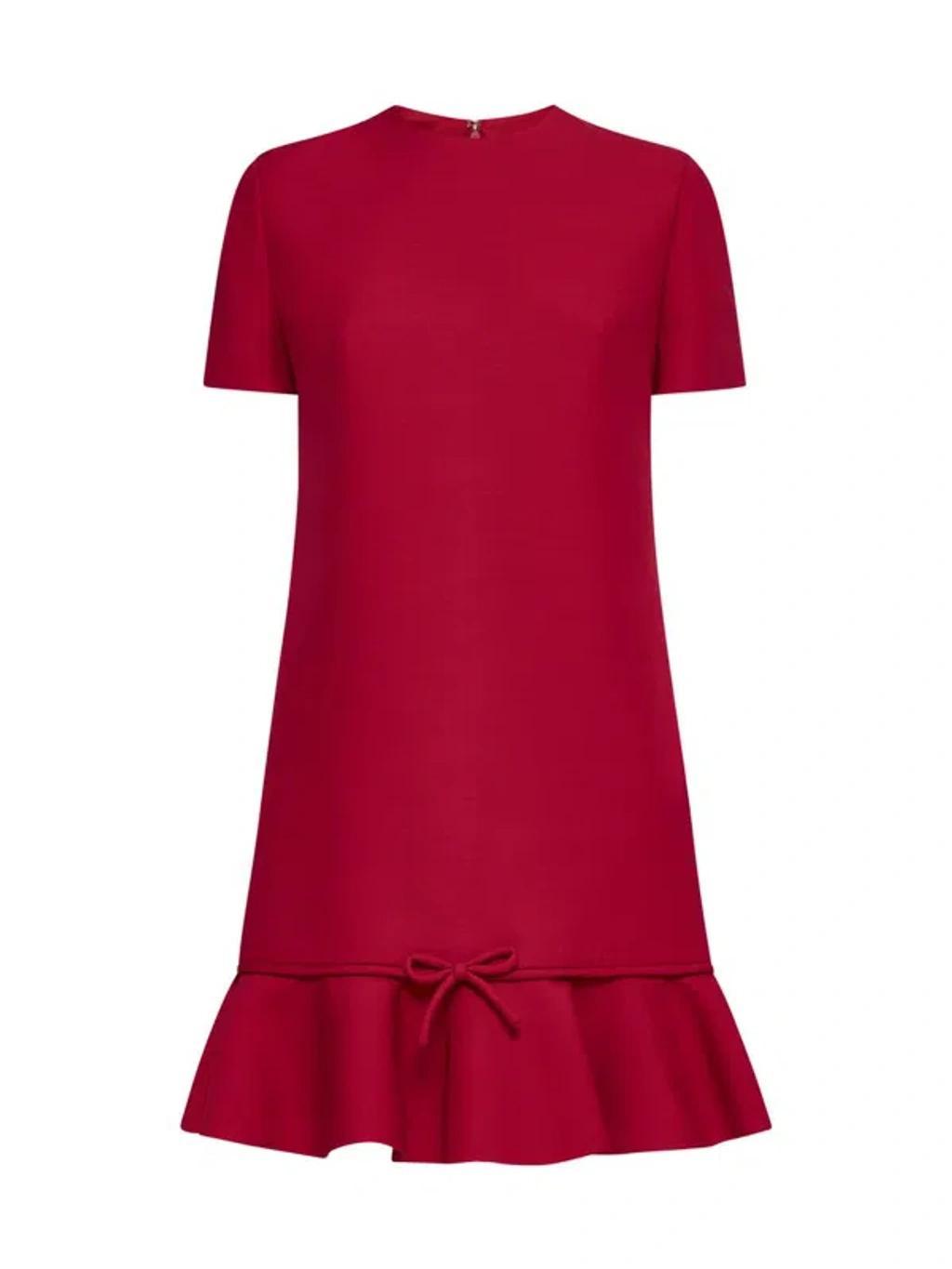 VALENTINO Ruffle Hem Mini Dress With Bow Detail In Red Product Image