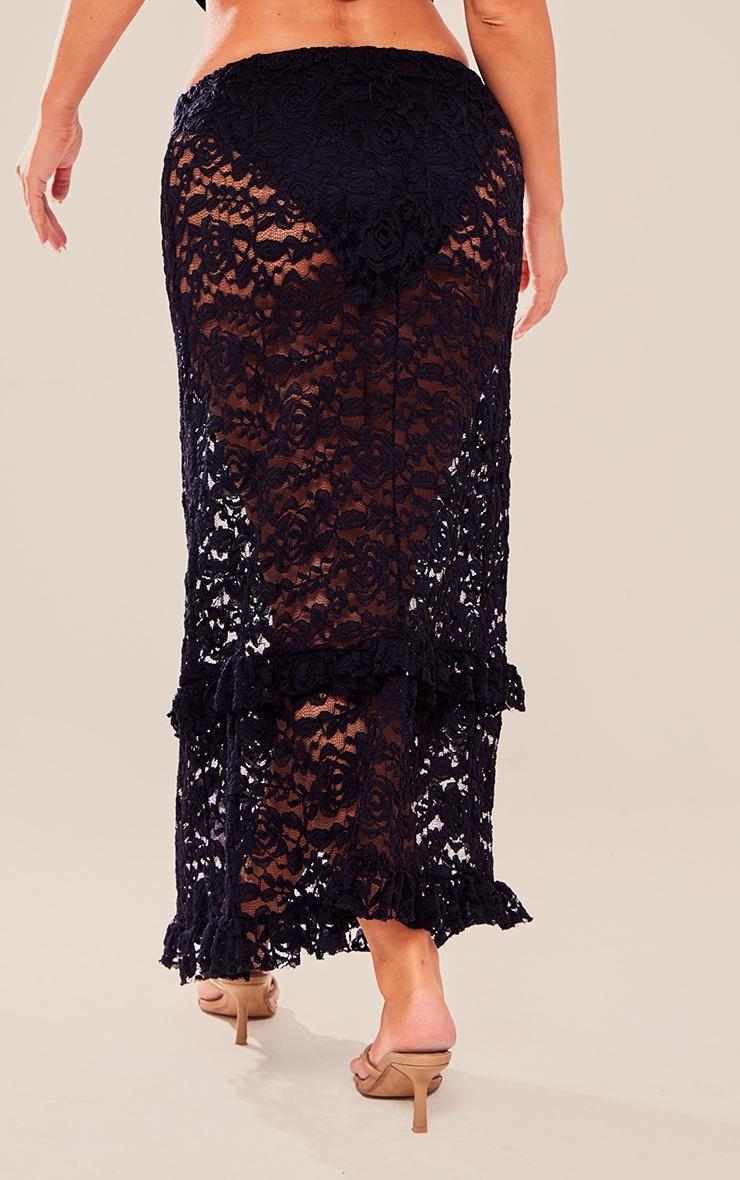 Black Lace Frill Trim Midi Skirt Product Image