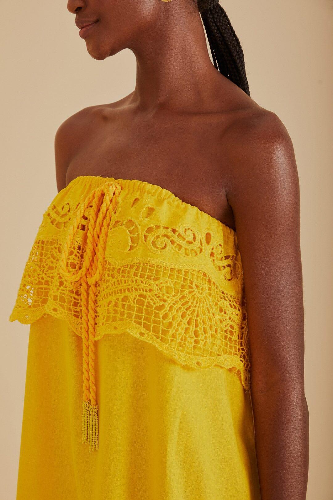 Yellow Embroidered Guipure Euroflax™ Premium Linen Mini Dress Product Image