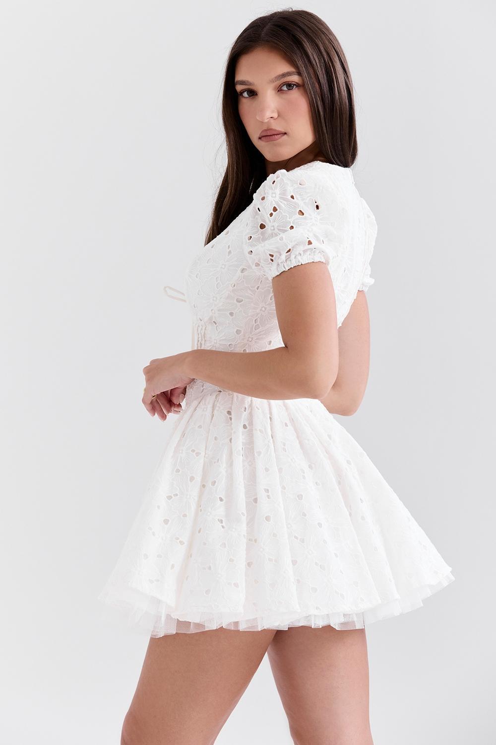 Imani White Pleated Broderie Anglais Mini Dress Product Image