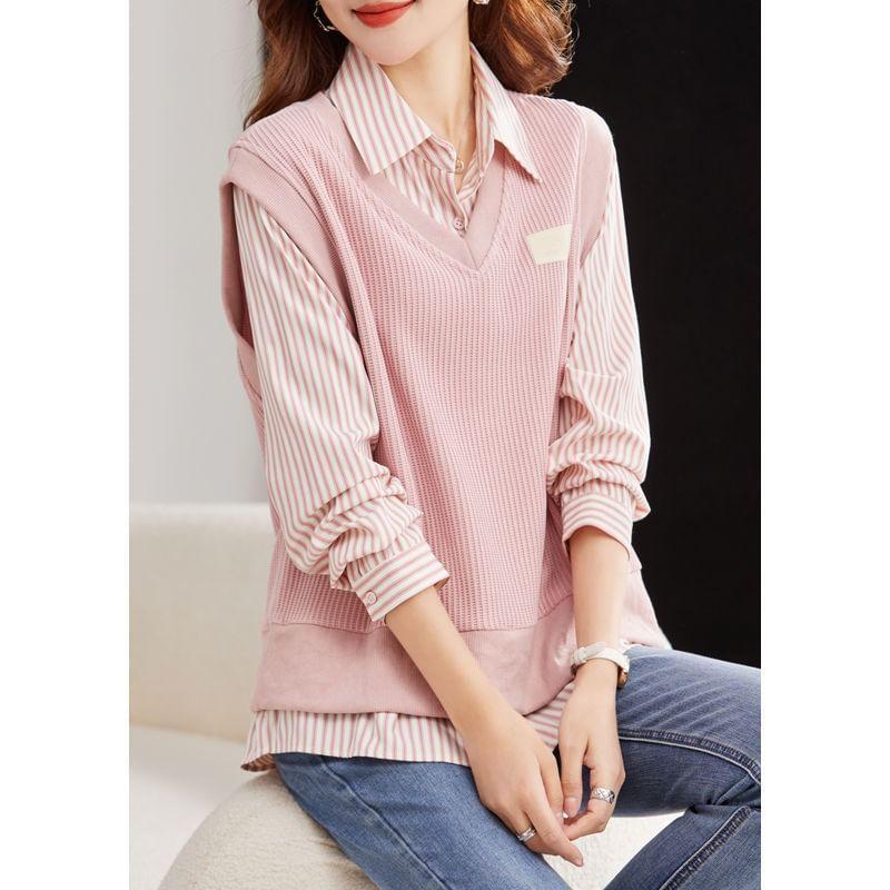 Mock Two-Piece Long-Sleeve Striped Panel Shirt Product Image