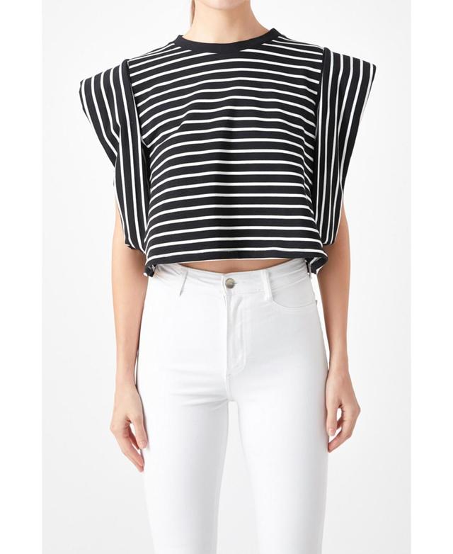 Womens Stripe Drop Shoulder Cropped Top - Black Product Image