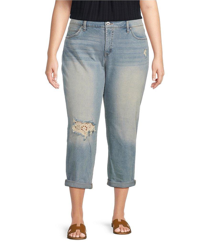 Jessica Simpson Plus Size Mika Bestie Stretch Denim Lace Patch Distressed Rolled Hem Slouchy Skinny Jeans Product Image