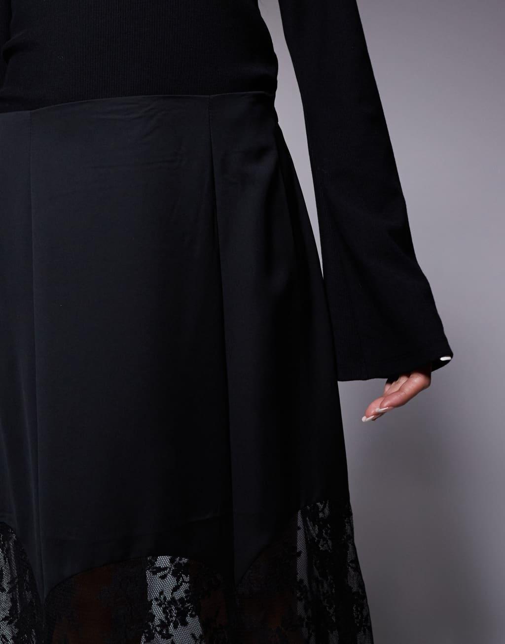 River Island satin skirt with lace hem in black Product Image