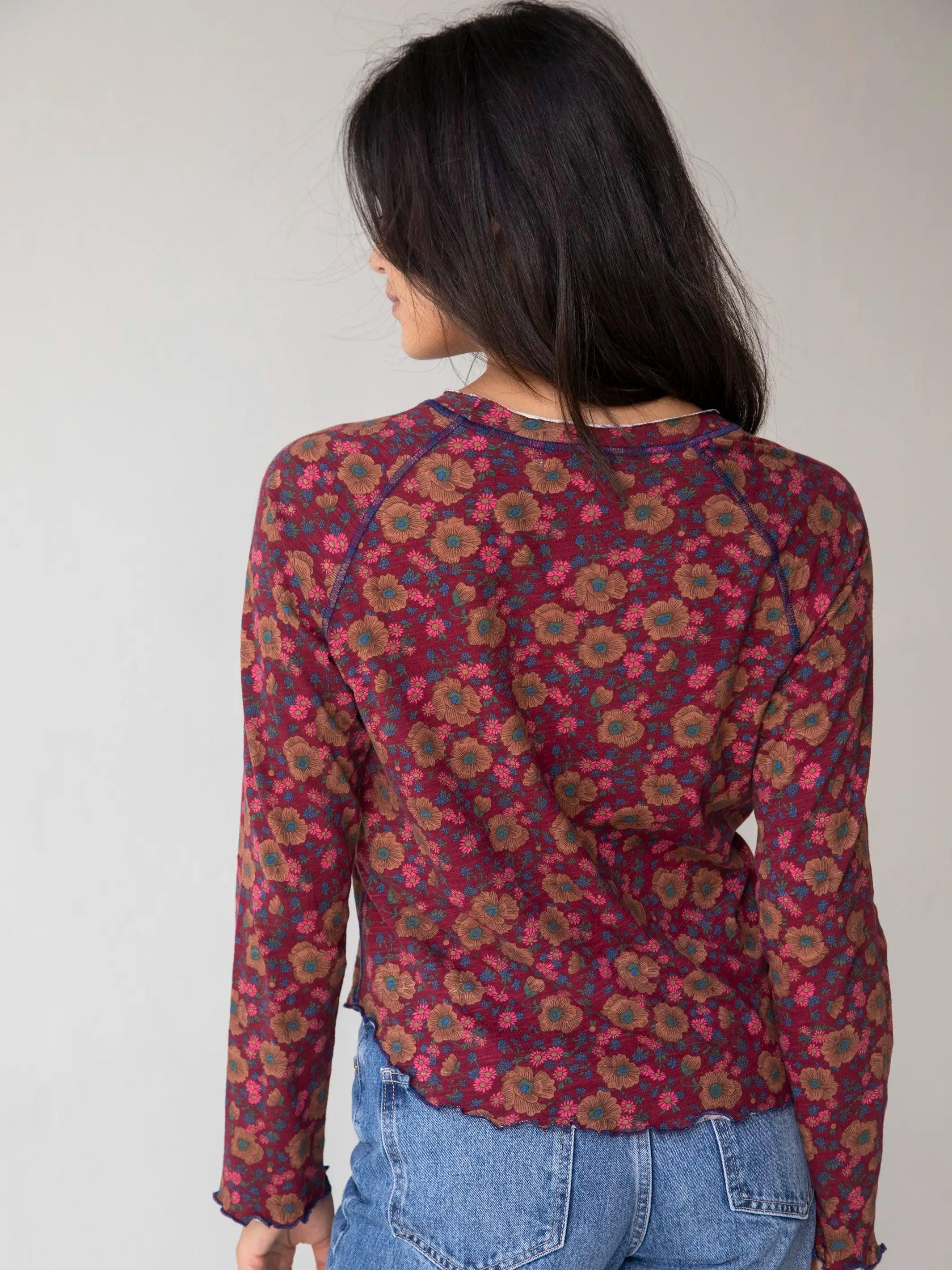 Lily Cotton Long Sleeve Tee Shirt - Cranberry Brown Floral Product Image