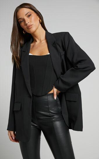 Michelle Blazer - Oversized Plunge Neck Button Up Blazer in Black Product Image