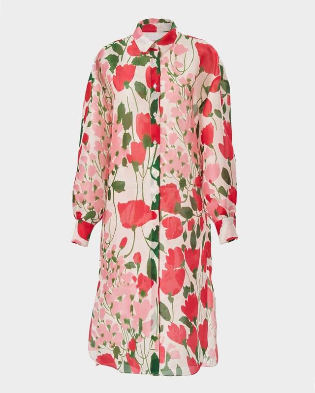 Rose Print Oversized Self-Belt Midi Shirt Dress Product Image