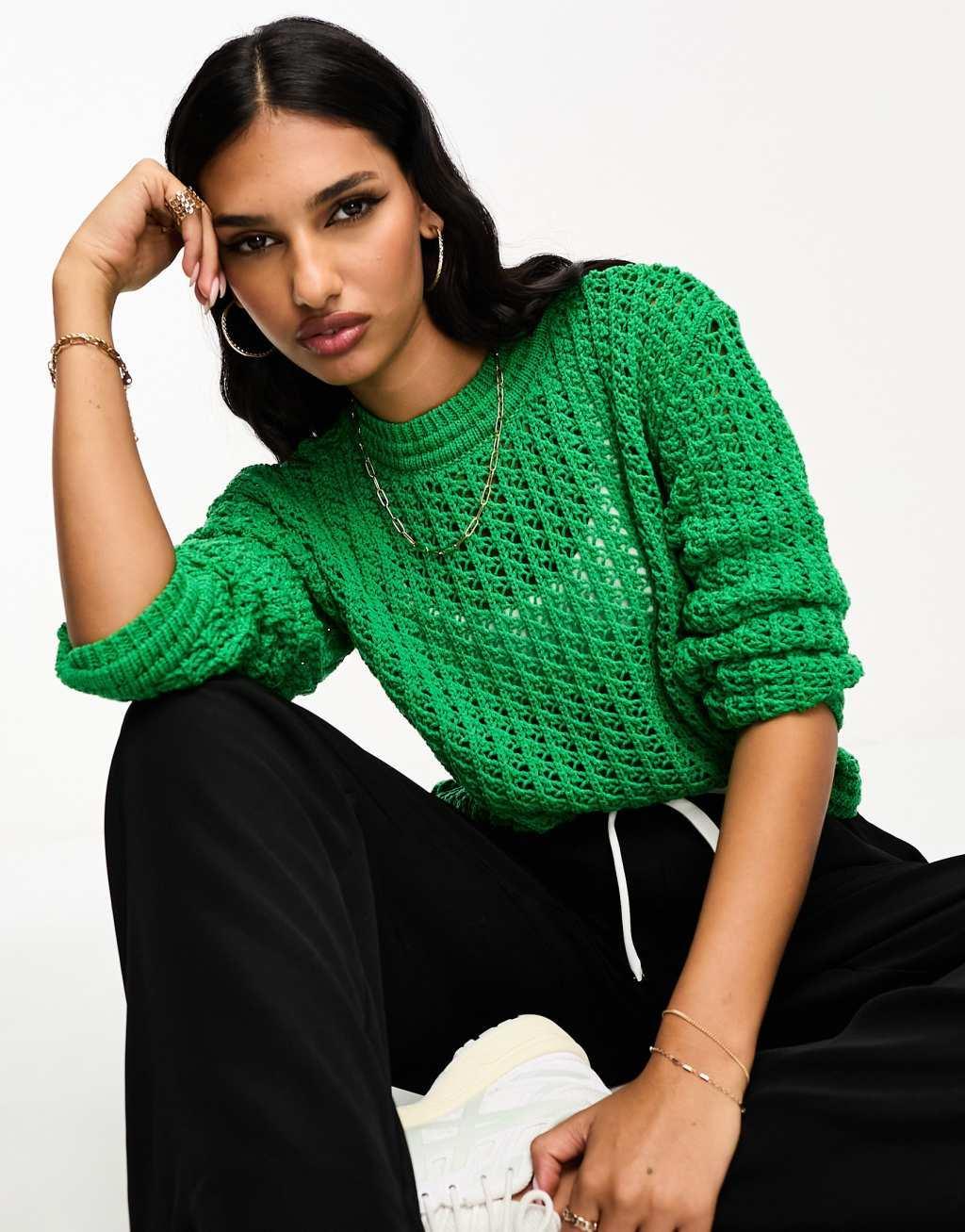 Mango cable knit cropped long sleeve sweater in green Product Image