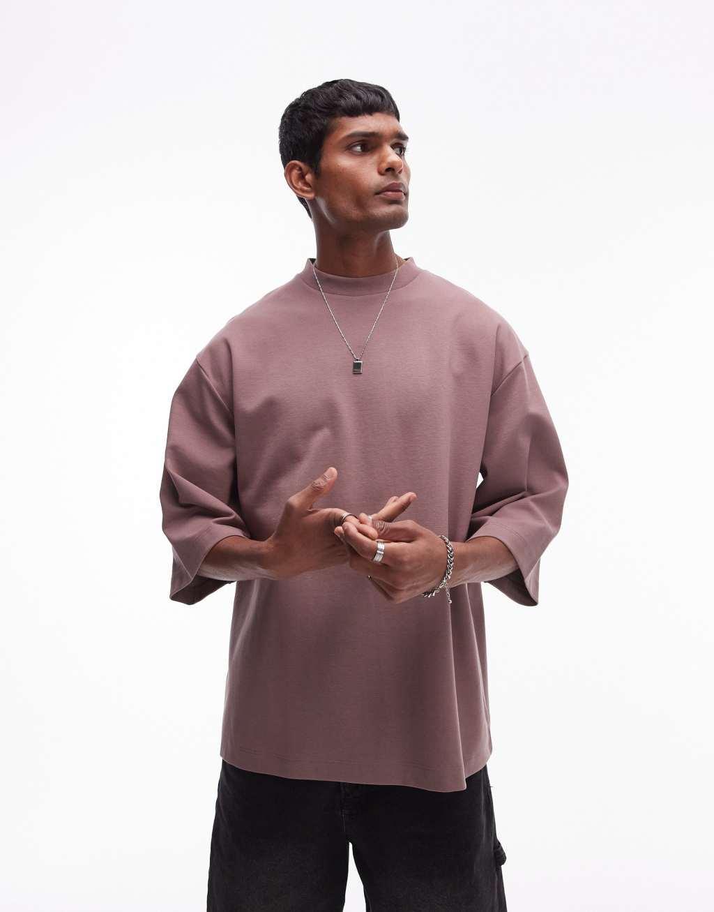 Topman premium heavyweight oversized fit mid sleeve T-shirt 300gsm in mink Product Image