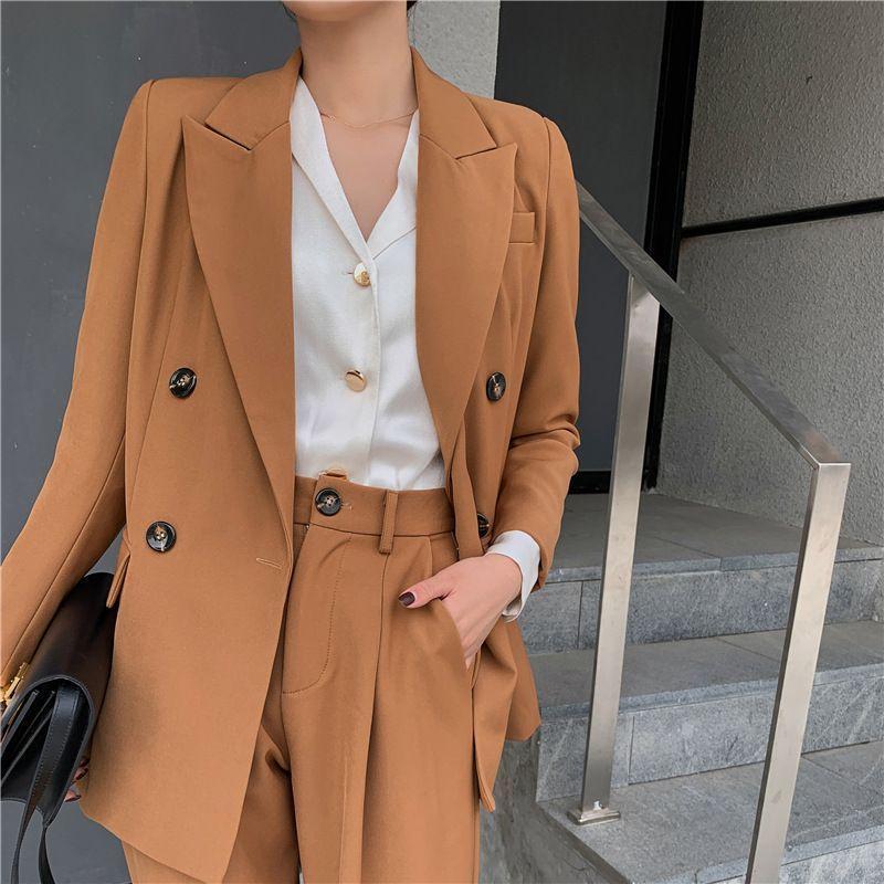 Set: Double-Breasted Blazer + Wide-Leg Dress Pants Product Image