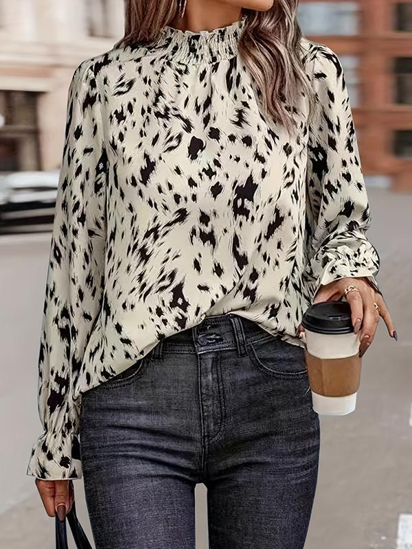 Flared Sleeves Long Sleeves Elasticity Pleated Printed Mock Neck Blouses&Shirts Tops Product Image