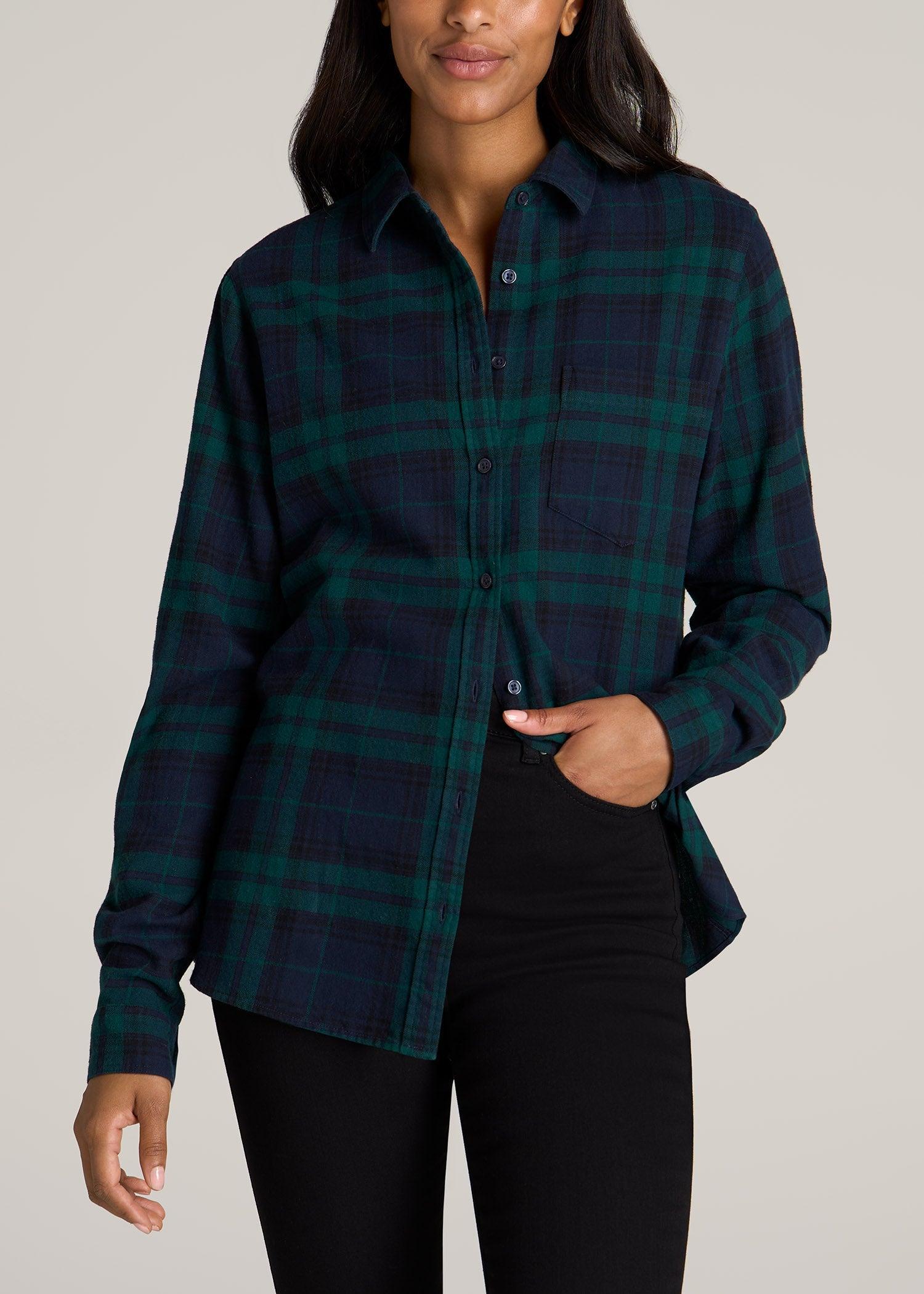 Flannel Button-Up Shirt for Tall Women in Emerald and Navy Female Product Image