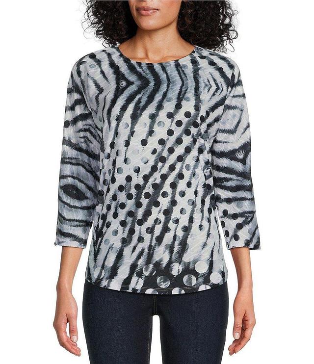 Leo & Nicole Abstract Dot Print Textured Knit Crew Neck 3/4 Dolman Sleeve Hi-Low Top Product Image