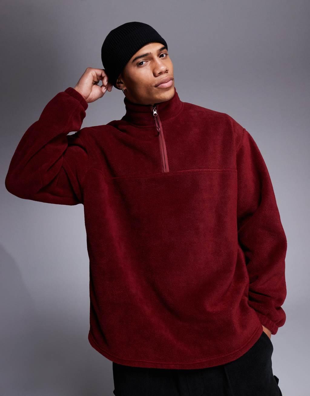 ASOS DESIGN oversized half zip fleece sweatshirt in burgundy Product Image