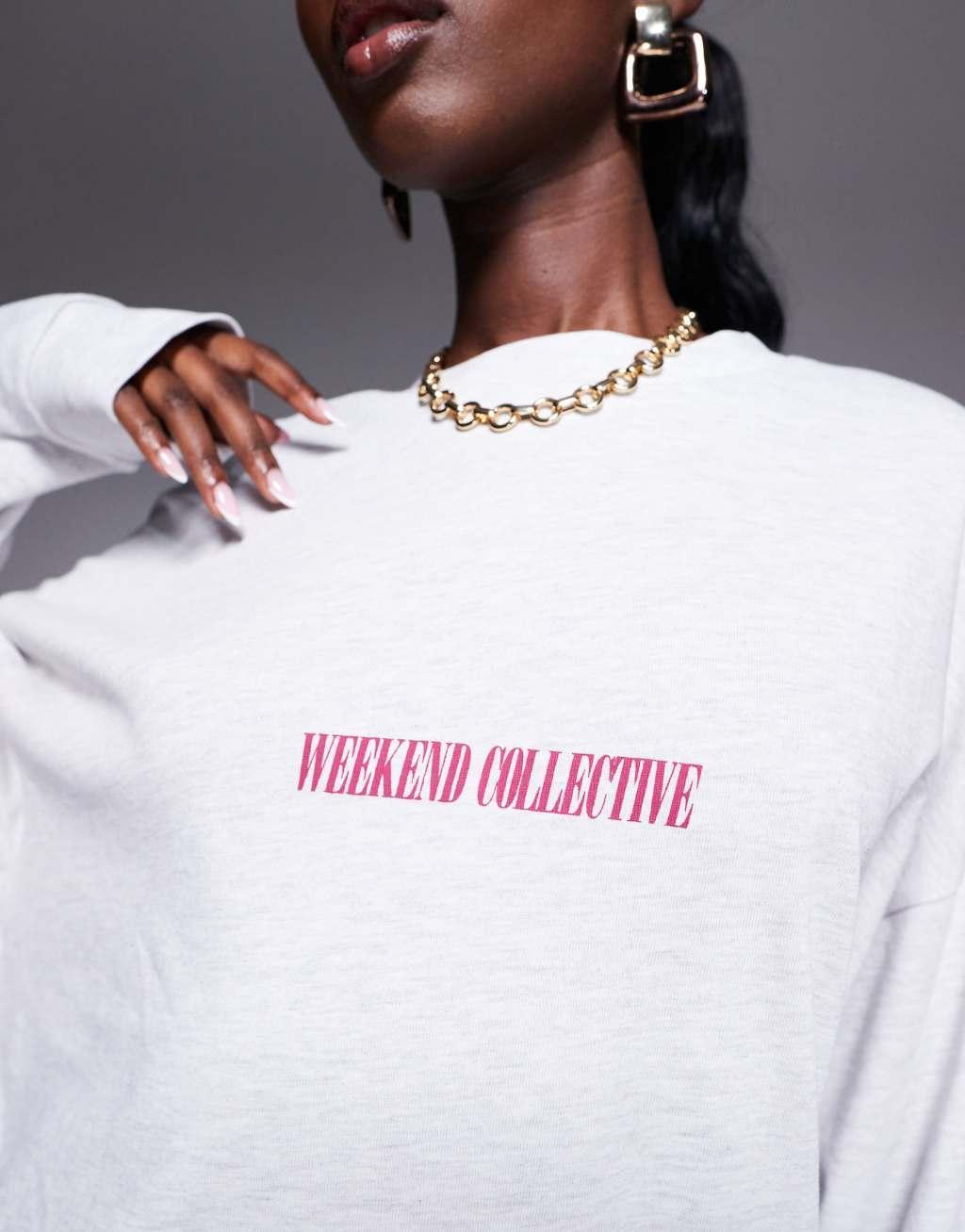 Weekend Collective Icon oversized long sleeve t-shirt with burgundy stacked back logo in ice heather Product Image