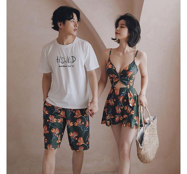 Couple Matching Floral Cutout Swim Dress / Swim Trunks / Short-Sleeve Crew Neck Lettering T-Shirt Product Image