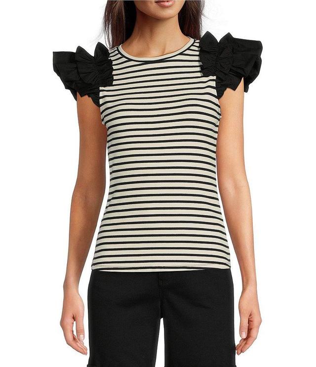 Gibson & Latimer Ribbed Knit Crew Neck Contrasting Poplin Ruffled Short Sleeve Striped Top Product Image