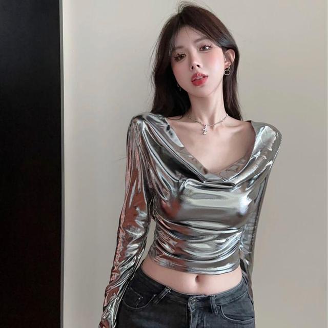 Long Sleeve Cowl Neck Plain Metallic Ruched Crop Top Product Image