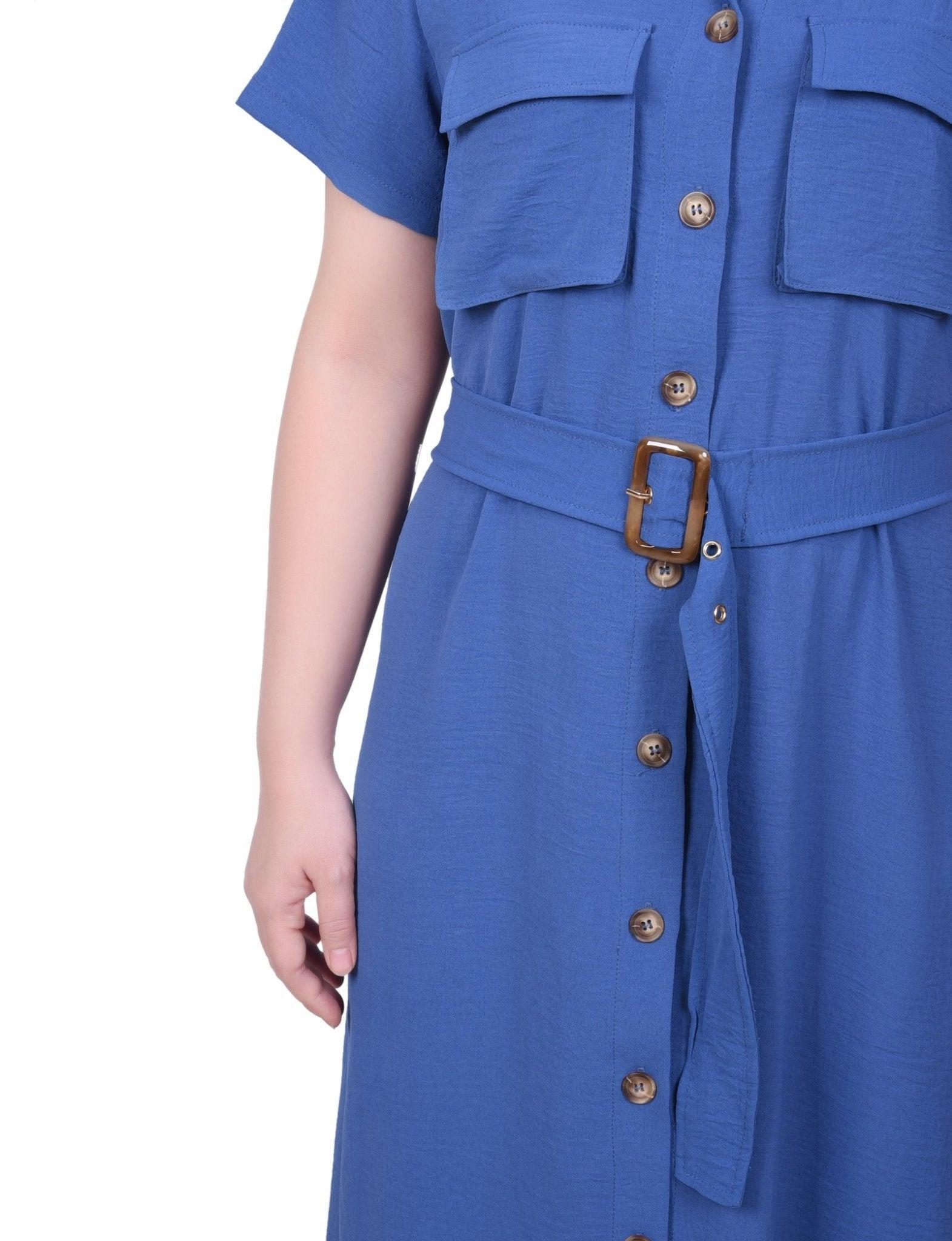 Short Sleeve Belted Shirtdress - Petite Product Image