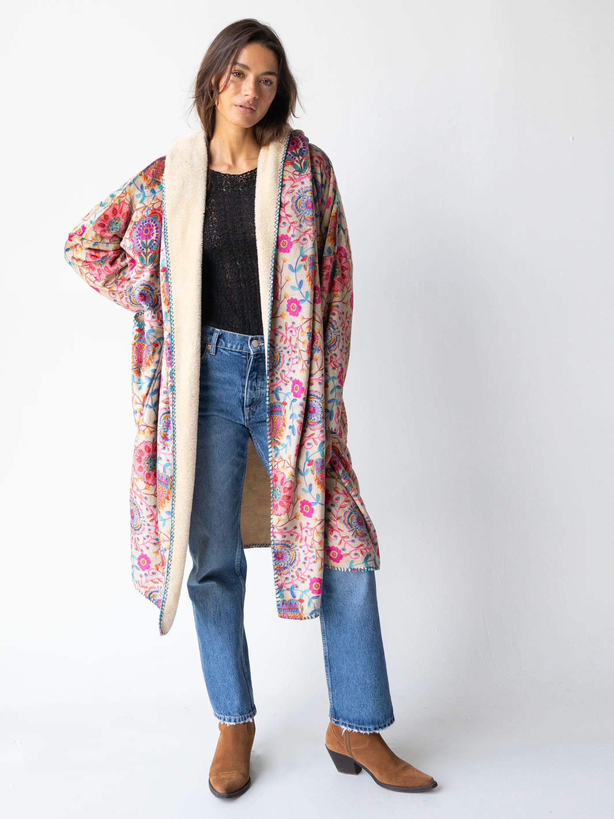 Cozy Blanket Kimono - Cream Printed Folk Circles Long Length Product Image