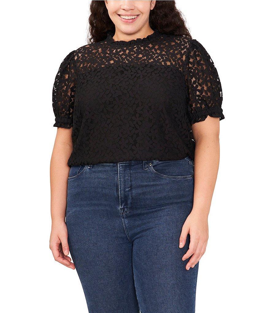 CeCe Plus Size Mock Neck Short Puff Sleeve Lace Illusion Blouse product image