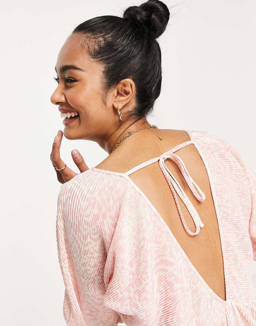 ASOS DESIGN plisse batwing mini dress in pink leopard print   Product Image