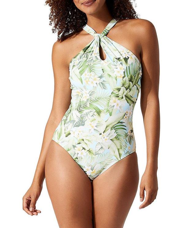 Tommy Bahama Paradise Fronds Tropical Floral Print High Twist Neck One Piece Swimsuit Product Image