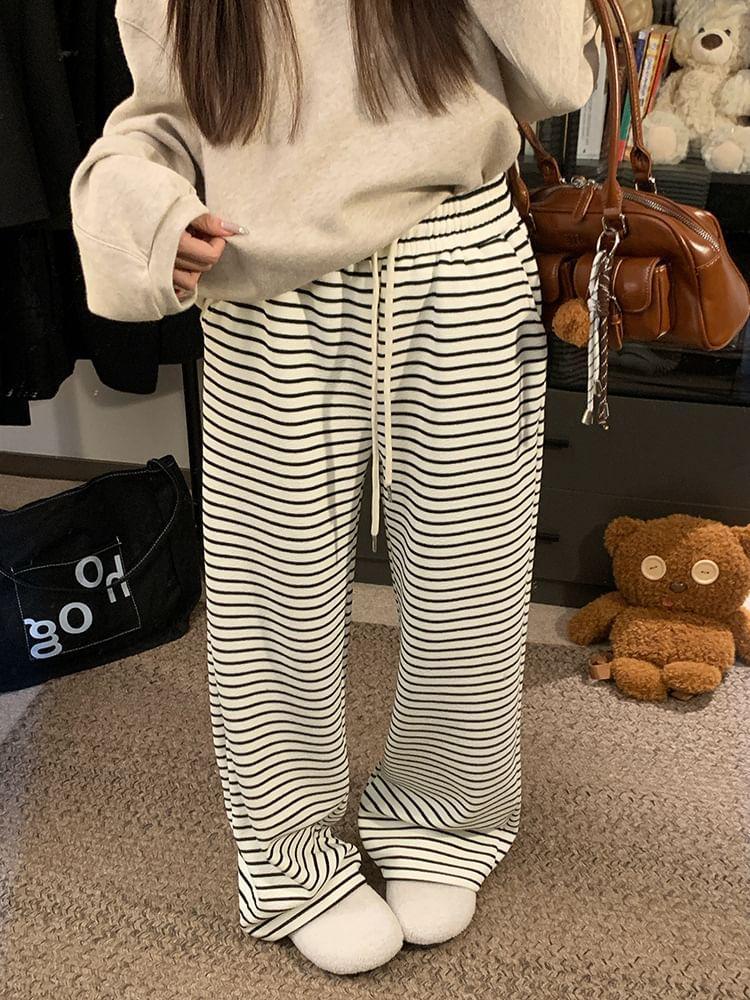 Drawstring Waist Striped Knit Wide Leg Pants Product Image