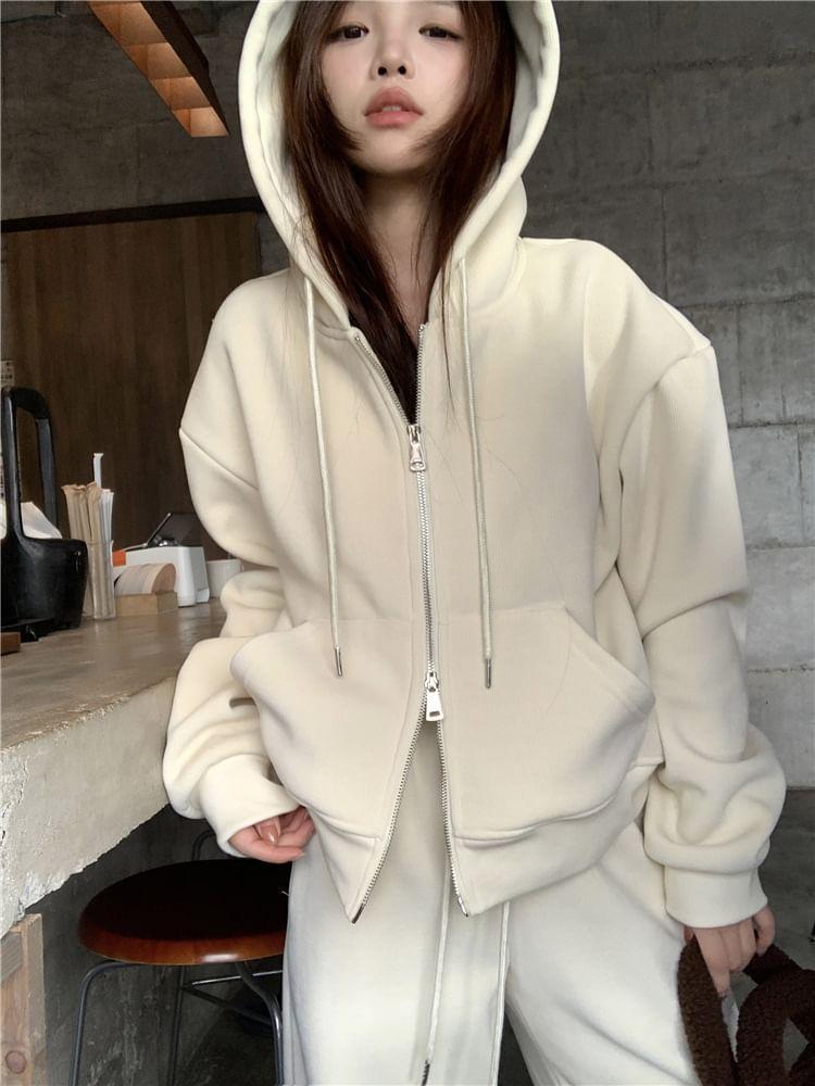 Plain Zip-Up Hoodie / Drawstring Waist Wide Leg Sweatpants Product Image