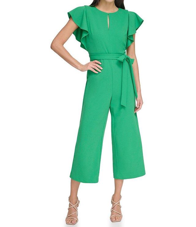 DKNY by Donna Karan Petite Size Short Flutter Sleeve Keyhole Crew Neck Belted Wide Leg Cropped Jumpsuit Product Image