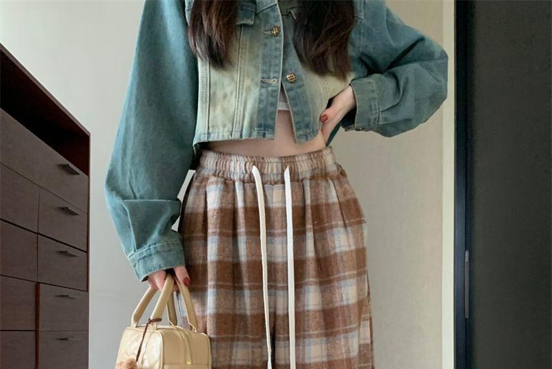 Drawstring Waist Plaid Wide Leg Pants Product Image