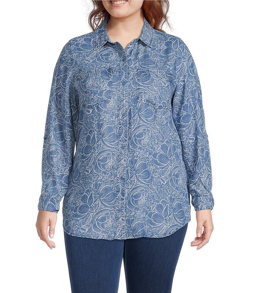 Intro Plus Size Floral Sketch Print Point Collar Long Roll-Tab Sleeve Button Front Shirt Product Image