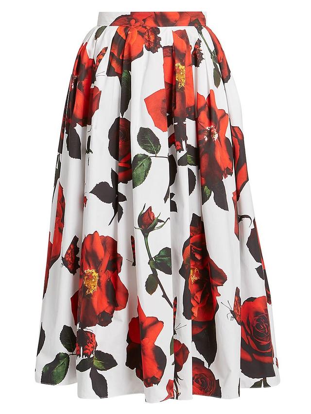 Womens Rose-Print Cotton Midi-Skirt Product Image