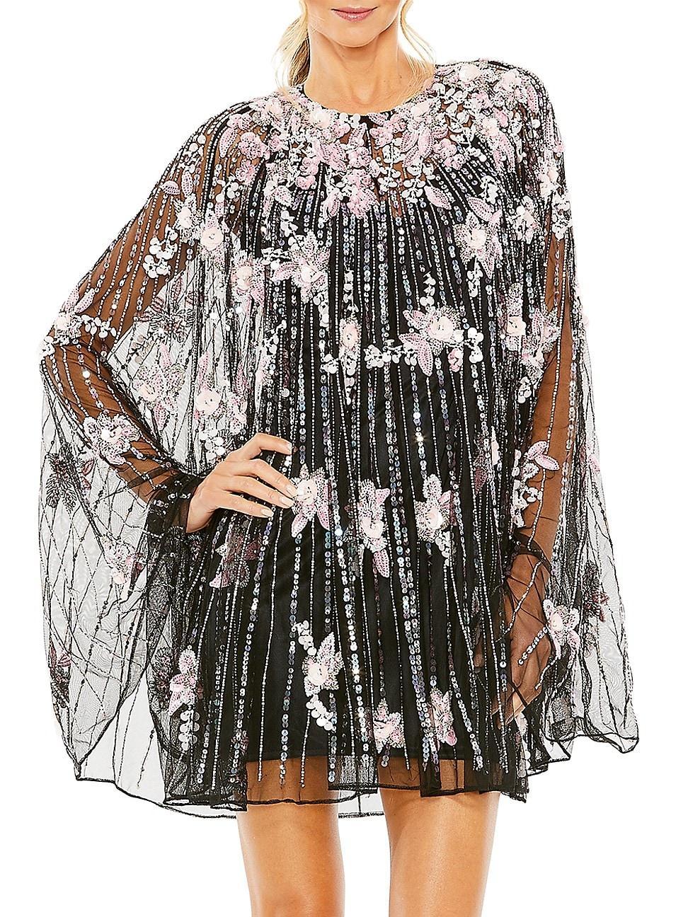 Mac Duggal Sequin Floral Long Sleeve Trapeze Minidress Product Image