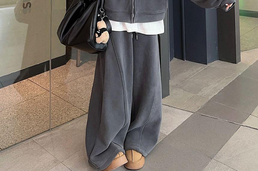 Drop Shoulder Plain Oversized Zip Hoodie / Mid Waist Plain Wide Leg Pants Product Image